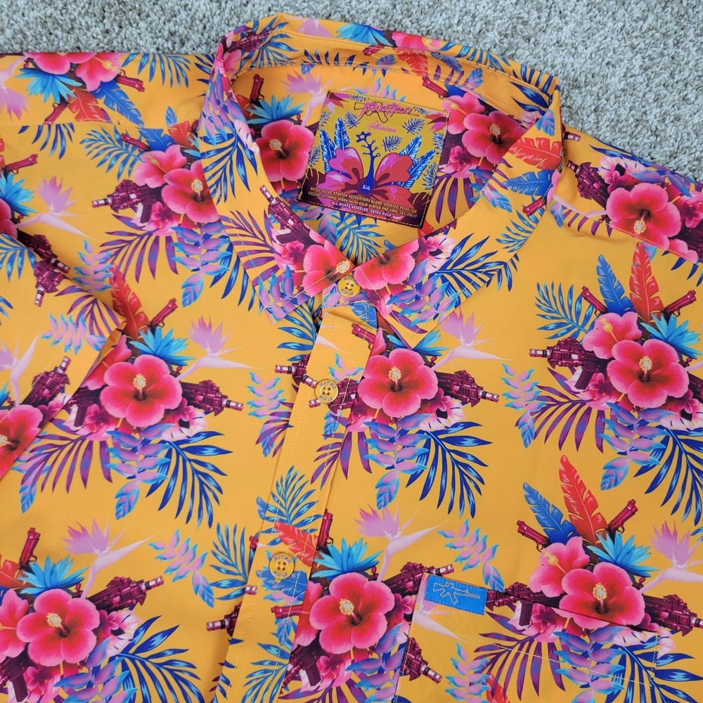 Retro Rifle Hibiscus Mens 3XL Orange AOP Floral Performance Button Down SS